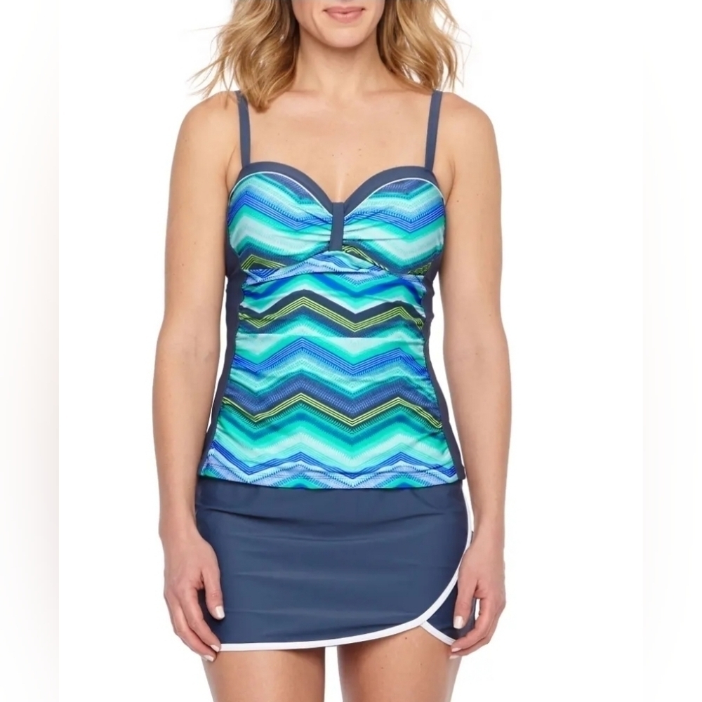 Free Country Teal Print padded Tankini‎ Beachy Stylish Swimsuit Top Size M